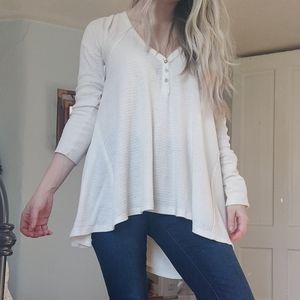 Cream High-low Waffle Knit Long Sleeve Henley